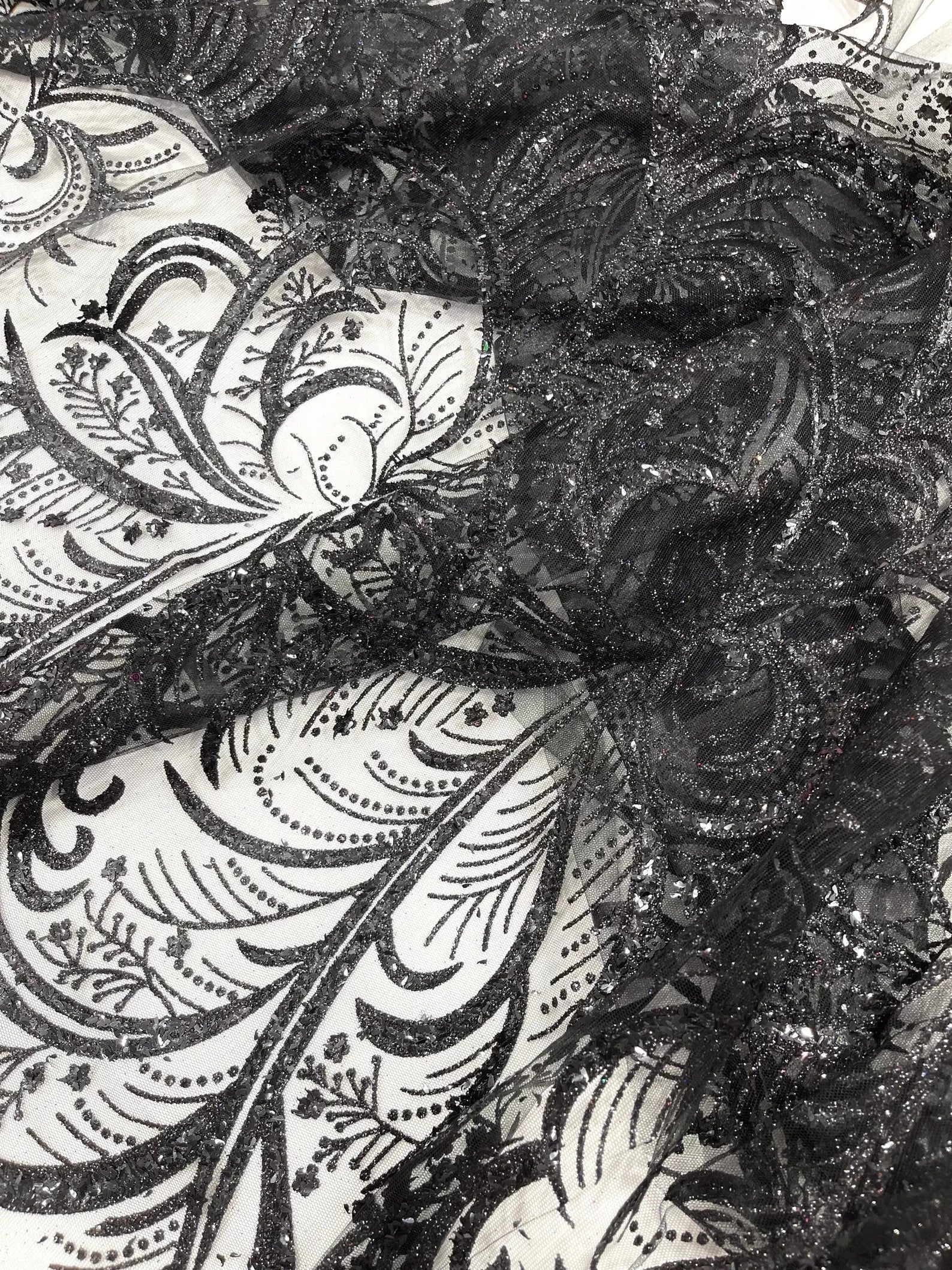 Palm Glitter Design On A Mesh Lace Fabric By The Yard. Black