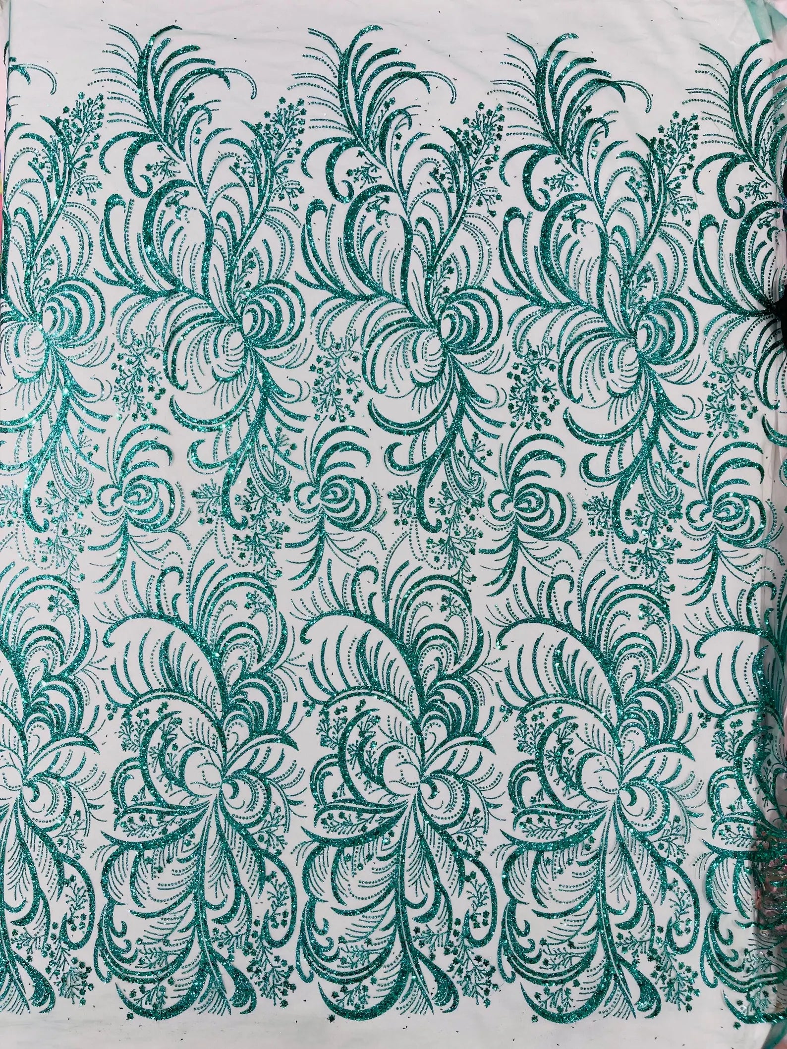 Palm Glitter Design On A Mesh Lace Fabric By The Yard. Emerald Green