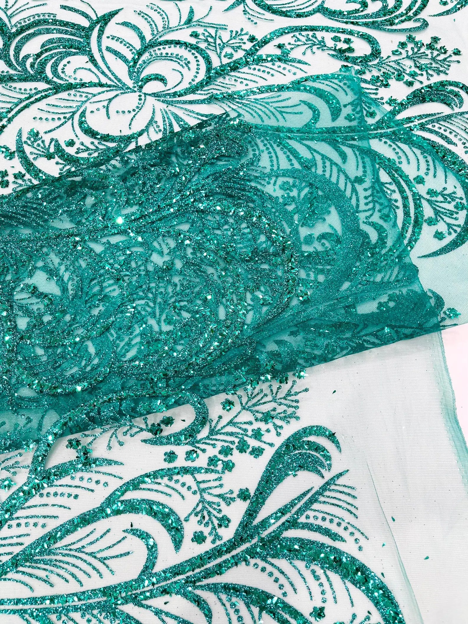 Palm Glitter Design On A Mesh Lace Fabric By The Yard. Emerald Green