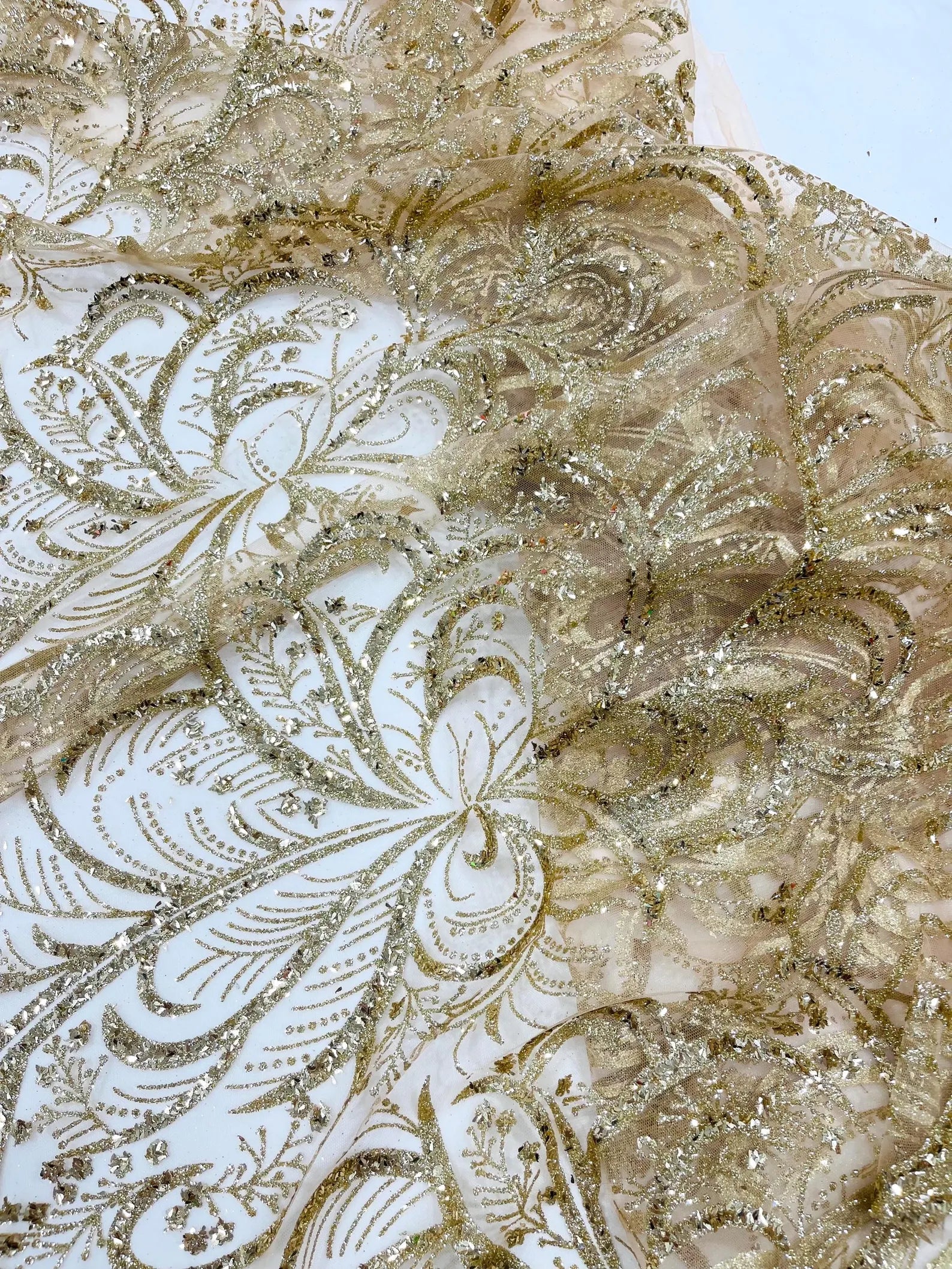 Palm Glitter Design On A Mesh Lace Fabric By The Yard. Gold/Champagne
