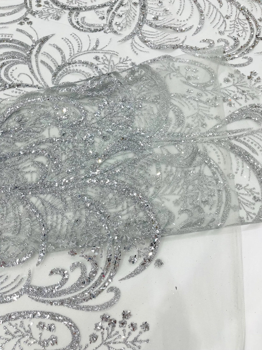 Palm Glitter Design On A Mesh Lace Fabric By The Yard. Silver