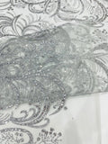 Palm Glitter Design On A Mesh Lace Fabric By The Yard. Silver