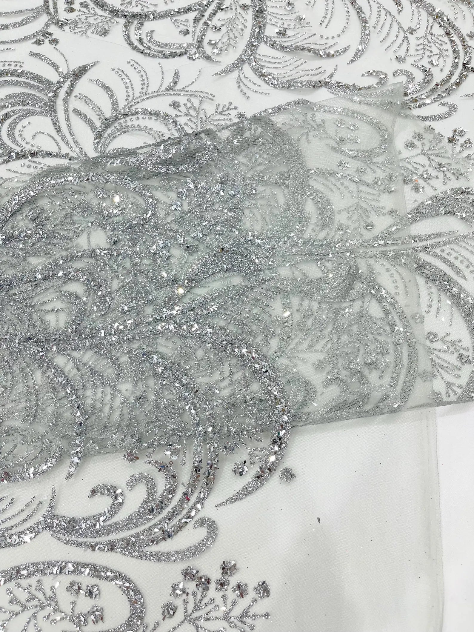 Palm Glitter Design On A Mesh Lace Fabric By The Yard. Silver