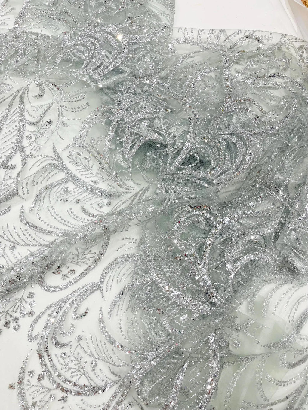 Palm Glitter Design On A Mesh Lace Fabric By The Yard. Silver