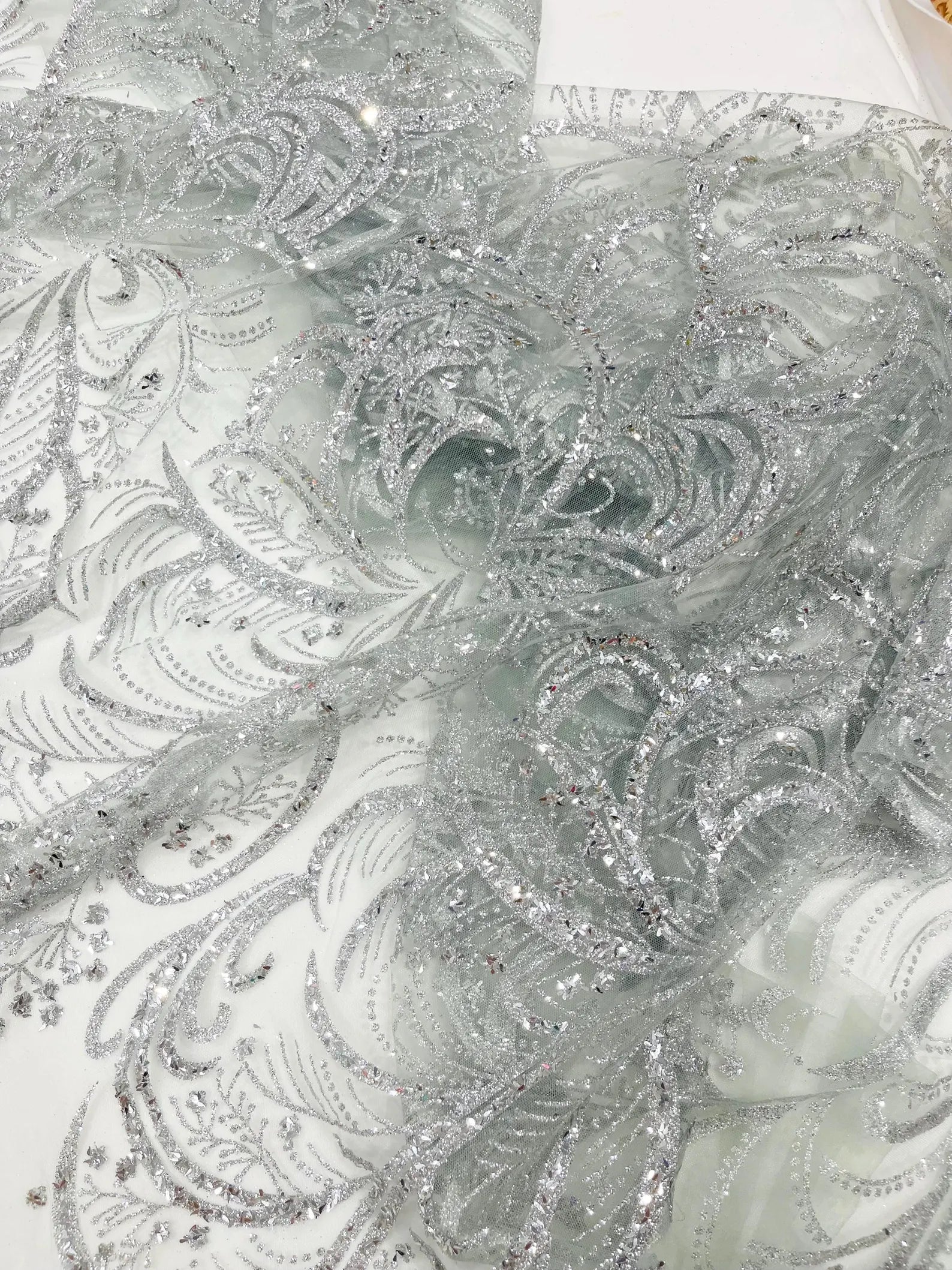 Palm Glitter Design On A Mesh Lace Fabric By The Yard. Silver