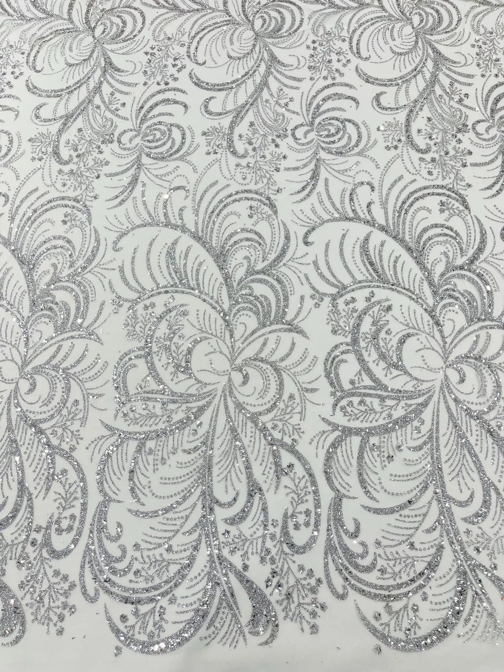 Palm Glitter Design On A Mesh Lace Fabric By The Yard. Silver