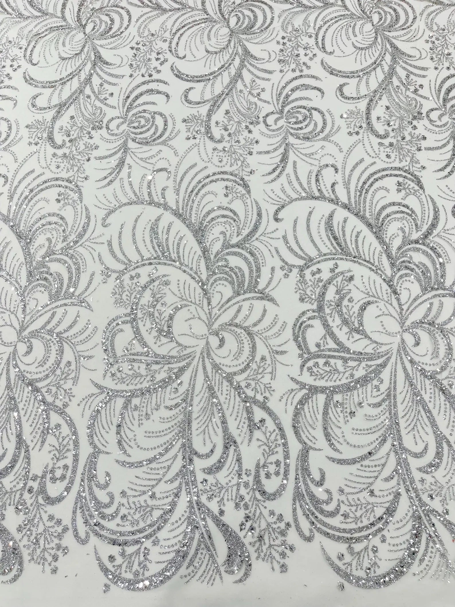 Palm Glitter Design On A Mesh Lace Fabric By The Yard. Silver