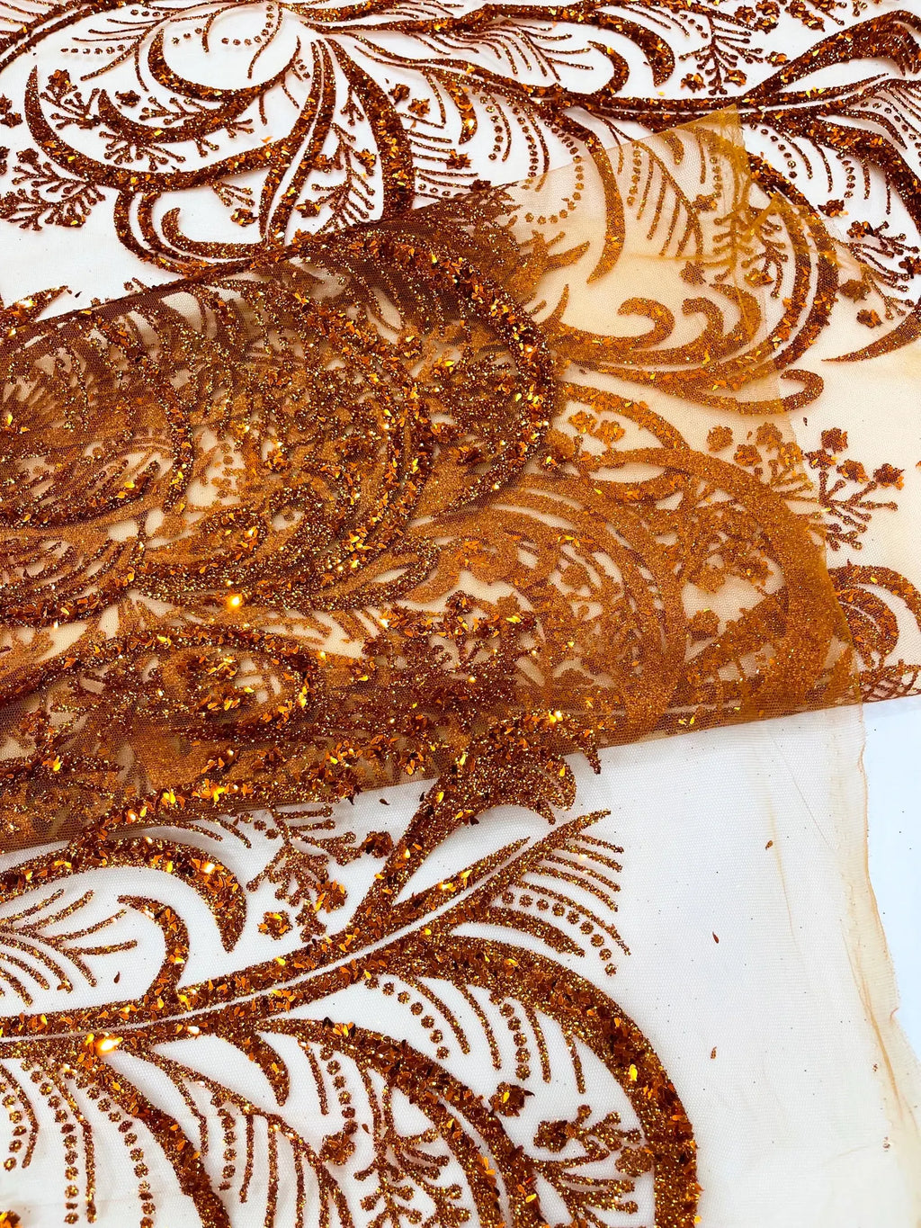 Palm Glitter Design On A Mesh Lace Fabric By The Yard. Burnt Orange