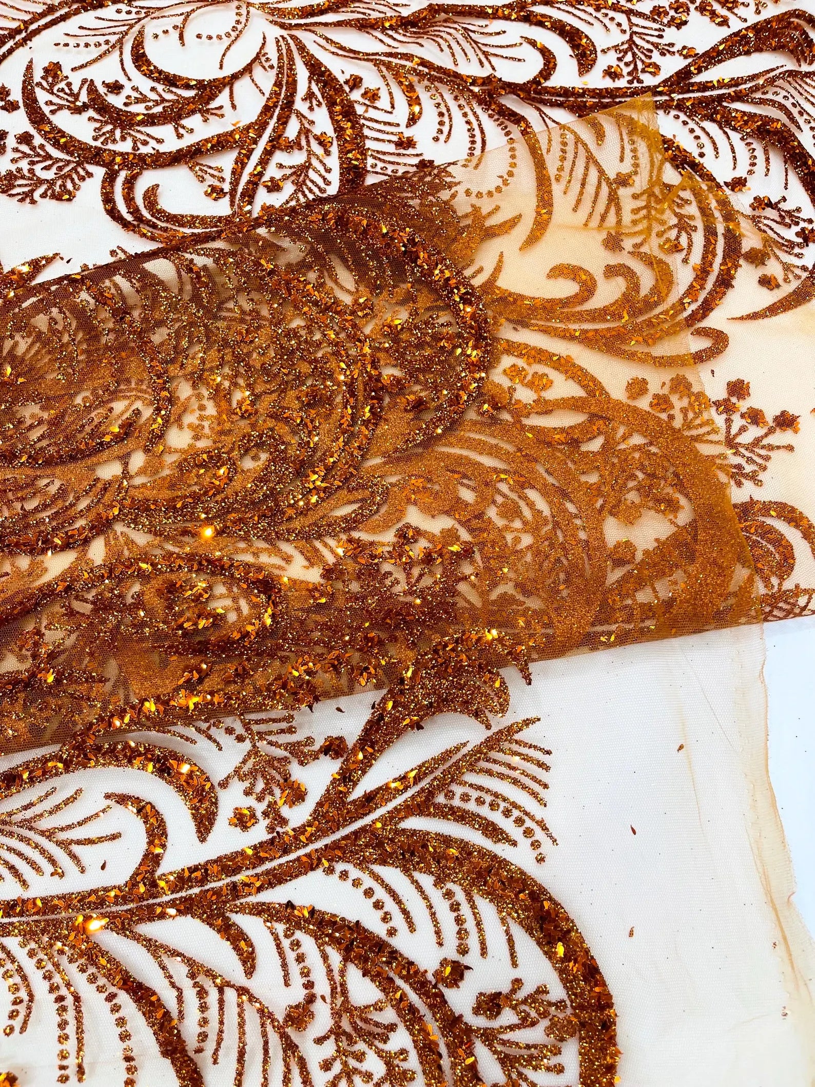 Palm Glitter Design On A Mesh Lace Fabric By The Yard. Burnt Orange
