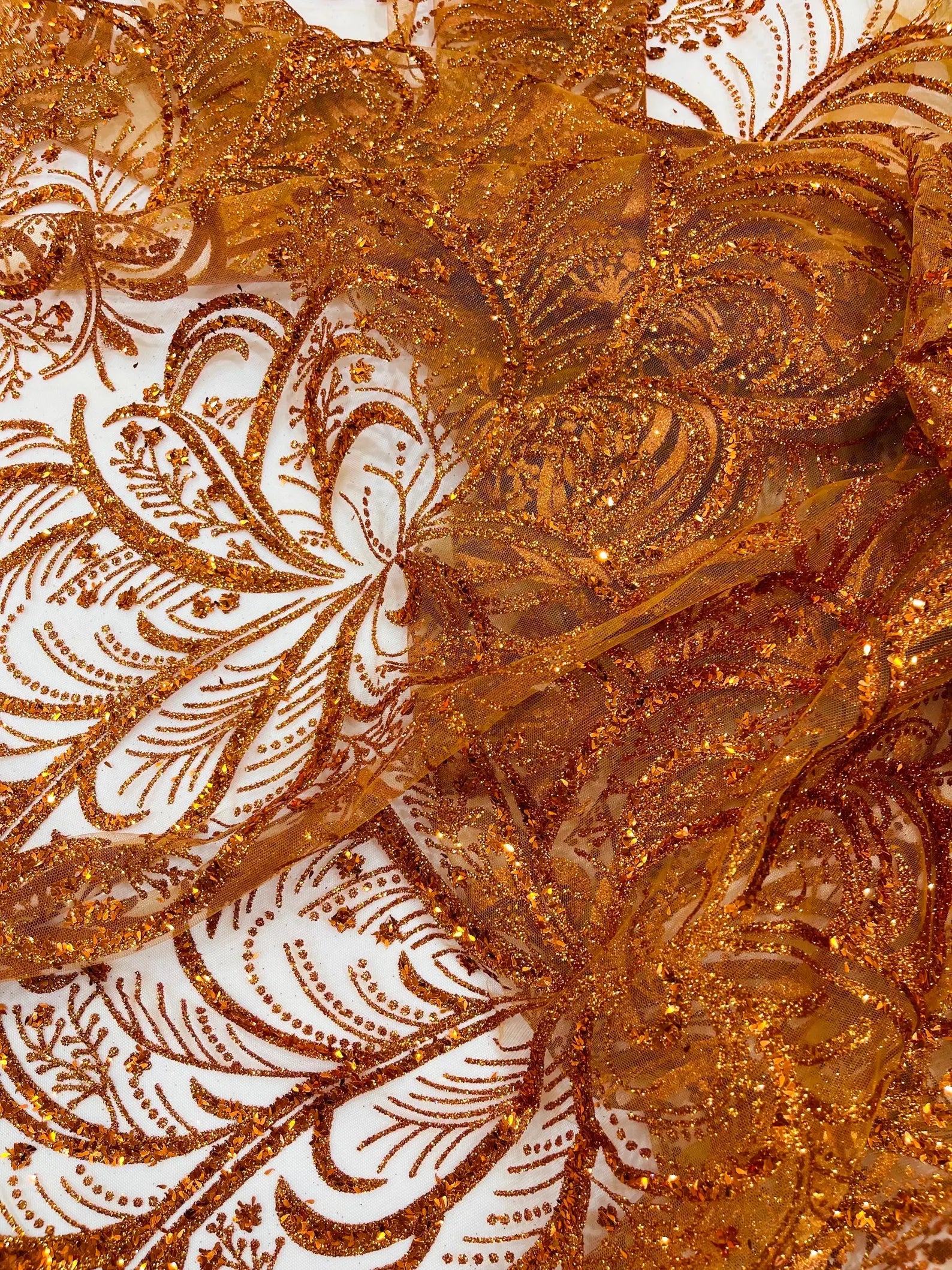 Palm Glitter Design On A Mesh Lace Fabric By The Yard. Burnt Orange