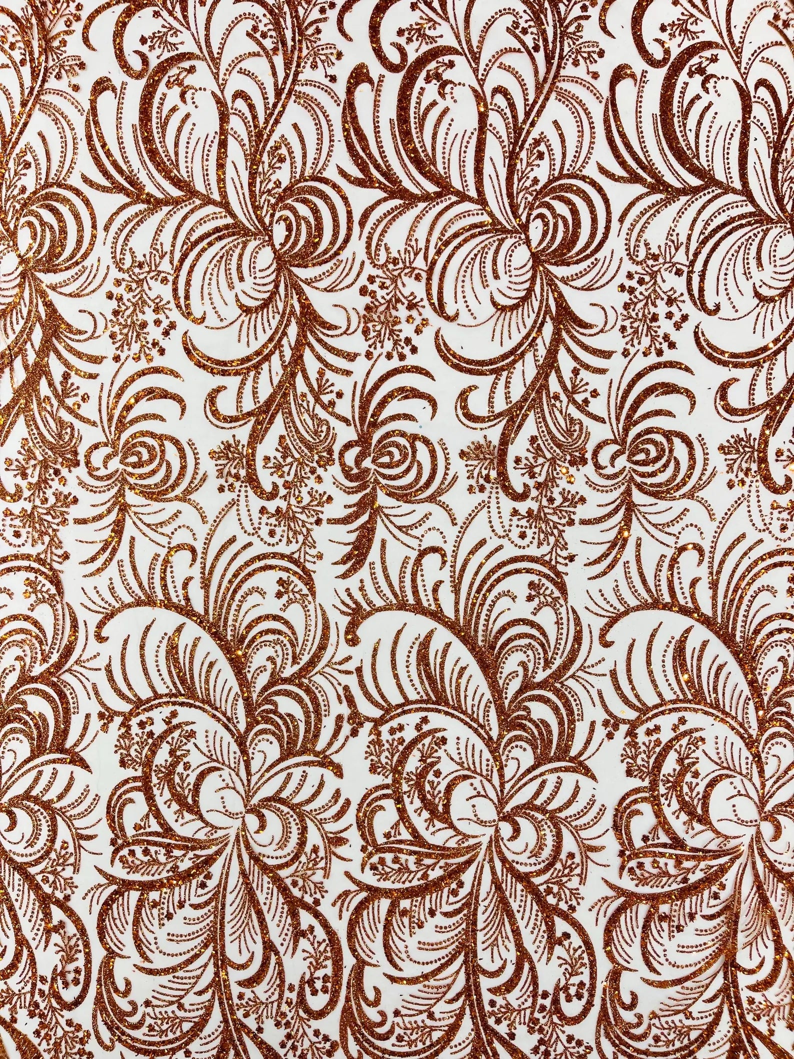 Palm Glitter Design On A Mesh Lace Fabric By The Yard. Burnt Orange