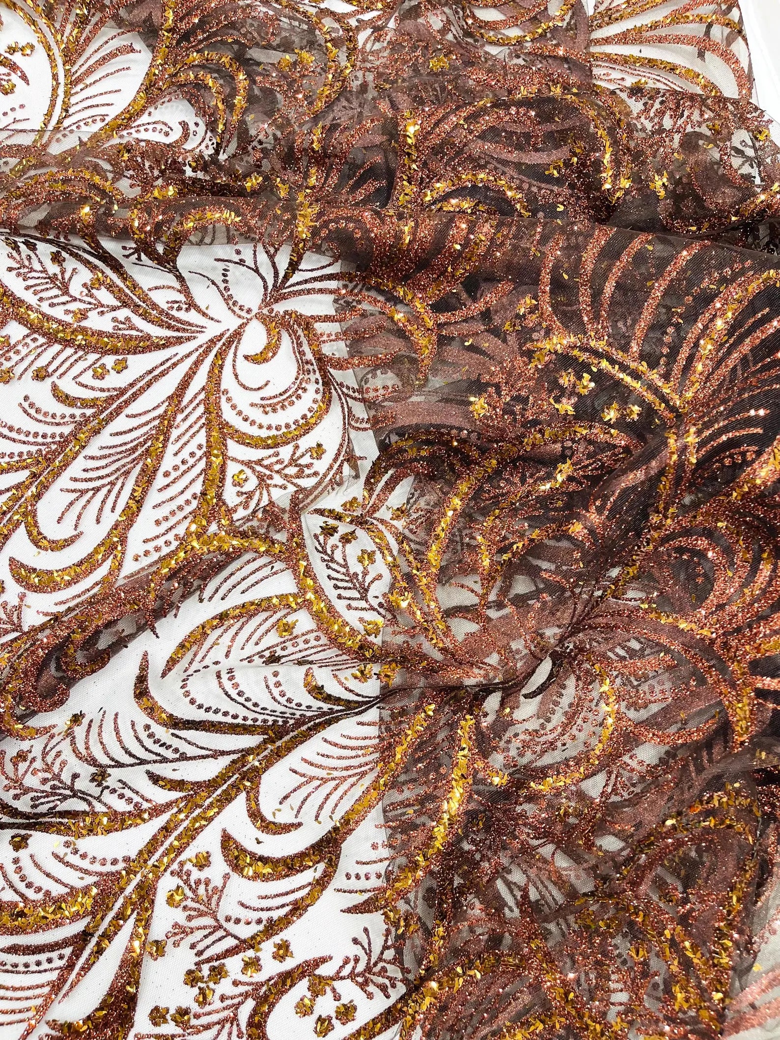 Palm Glitter Design On A Mesh Lace Fabric By The Yard. Brown