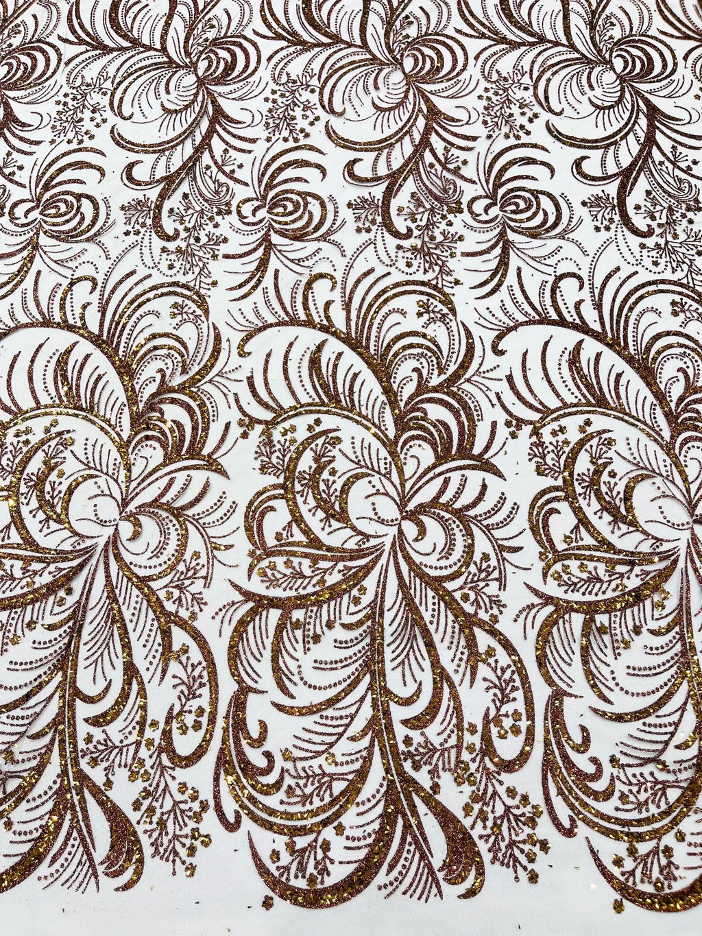Palm Glitter Design On A Mesh Lace Fabric By The Yard. Brown