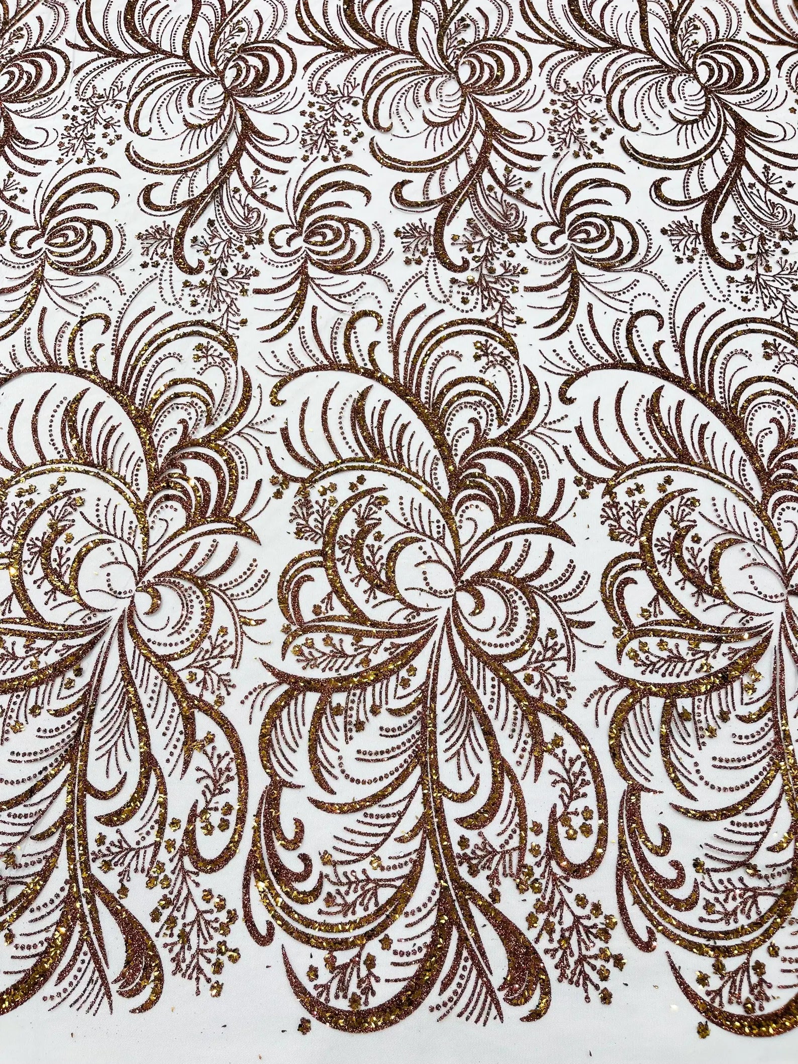 Palm Glitter Design On A Mesh Lace Fabric By The Yard. Brown