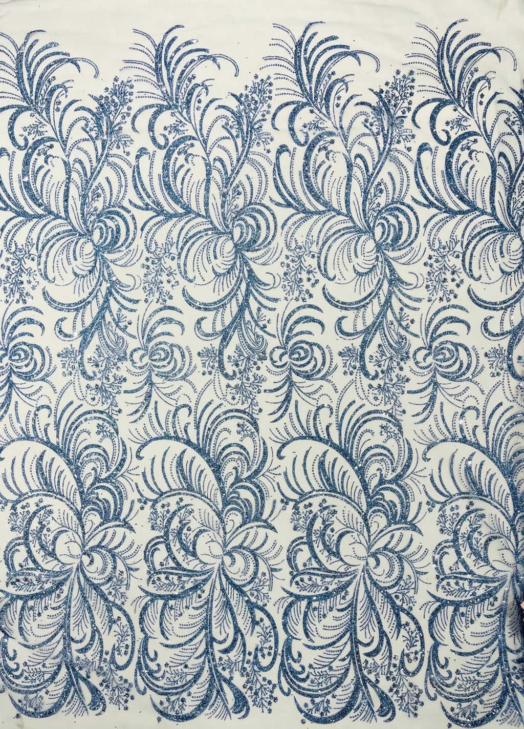 Palm Glitter Design On A Mesh Lace Fabric By The Yard. Lt Blue