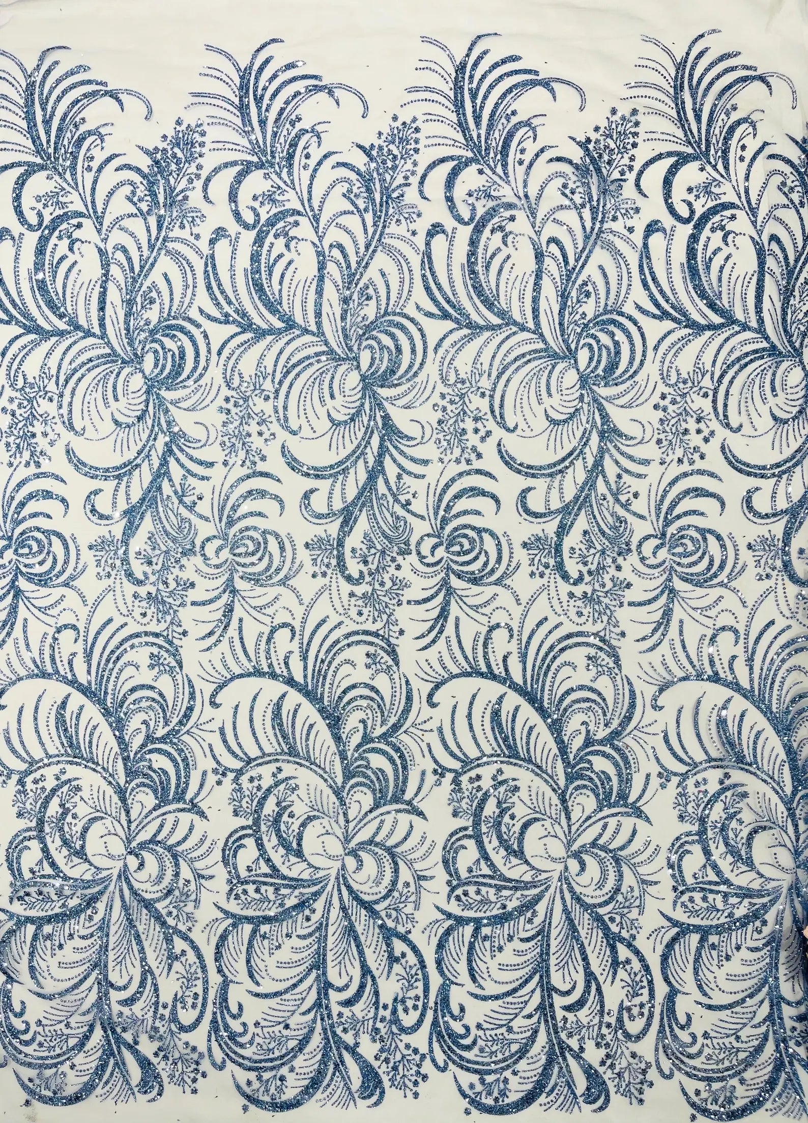 Palm Glitter Design On A Mesh Lace Fabric By The Yard. Lt Blue