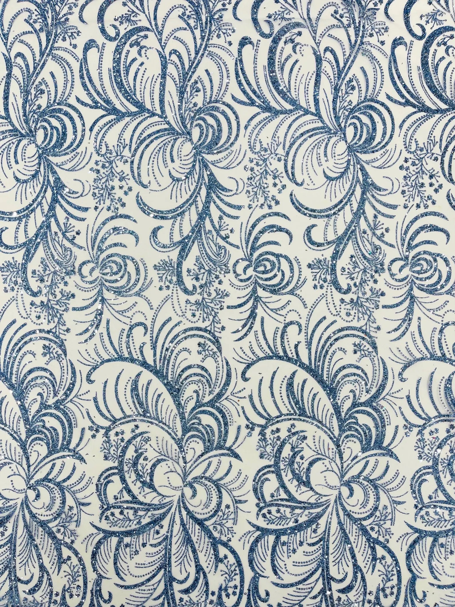 Palm Glitter Design On A Mesh Lace Fabric By The Yard. Lt Blue