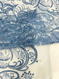 Palm Glitter Design On A Mesh Lace Fabric By The Yard. Lt Blue