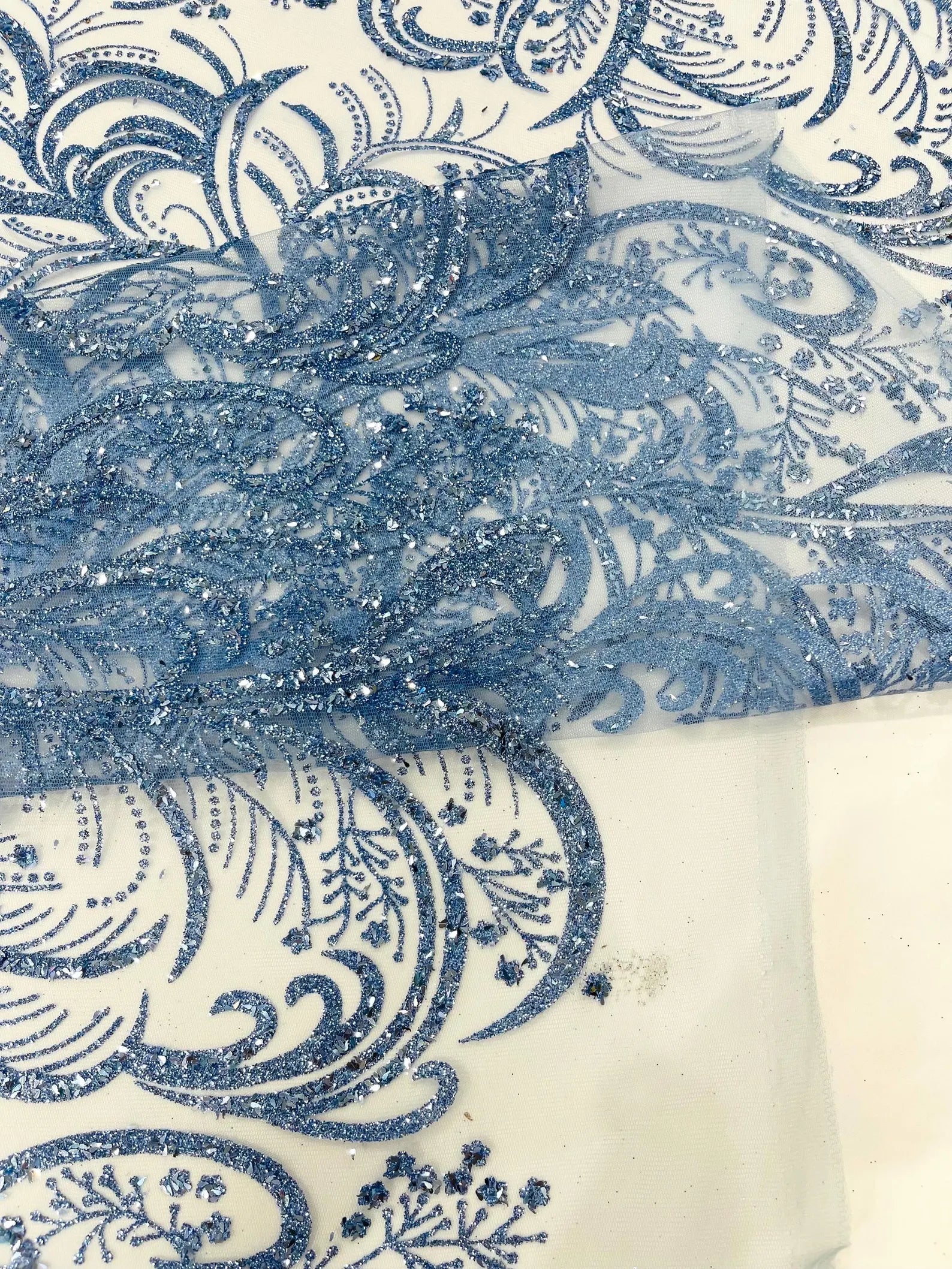 Palm Glitter Design On A Mesh Lace Fabric By The Yard. Lt Blue
