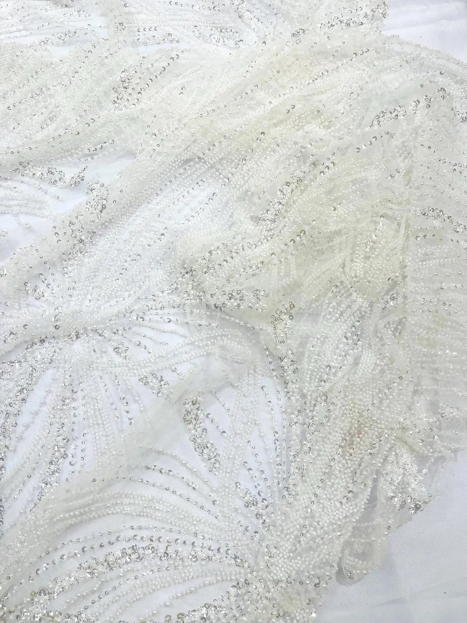 WHITE - Luxurious Design Lace - Beaded Design with Embroidered Sequins and Beads On a Mesh Lace Fabric By The Yard