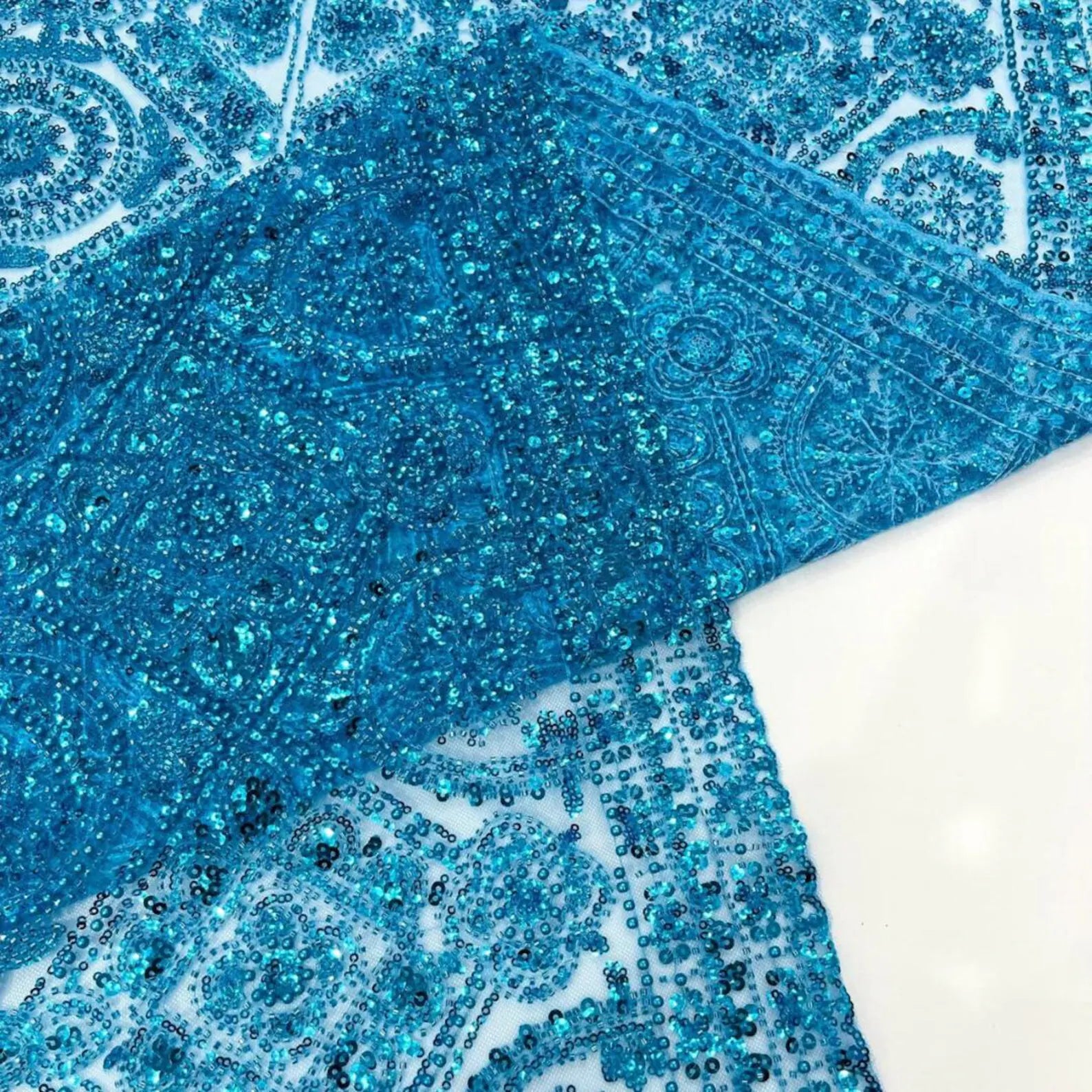 Luxurious Design Lace - Turquoise - Geometric Beaded Design with Embroidered Sequins and Beads On a Mesh Lace Fabric By The Yard
