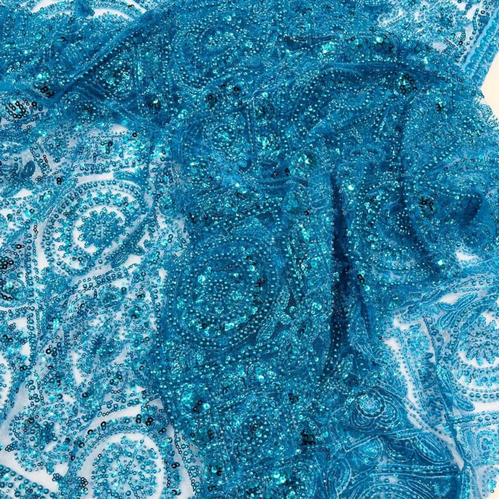 Luxurious Design Lace - Turquoise - Geometric Beaded Design with Embroidered Sequins and Beads On a Mesh Lace Fabric By The Yard