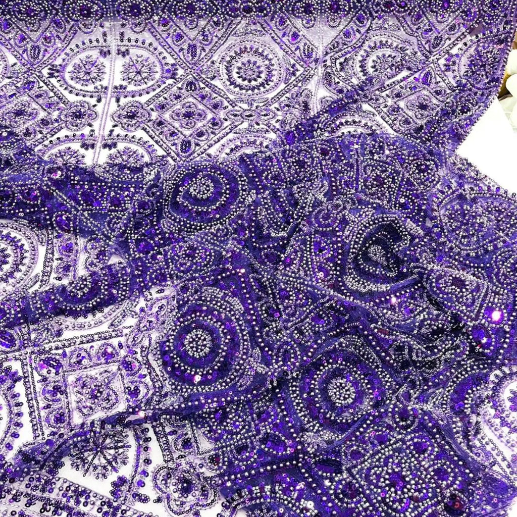 Luxurious Design Lace - Purple - Geometric Beaded Design with Embroidered Sequins and Beads On a Mesh Lace Fabric By The Yard