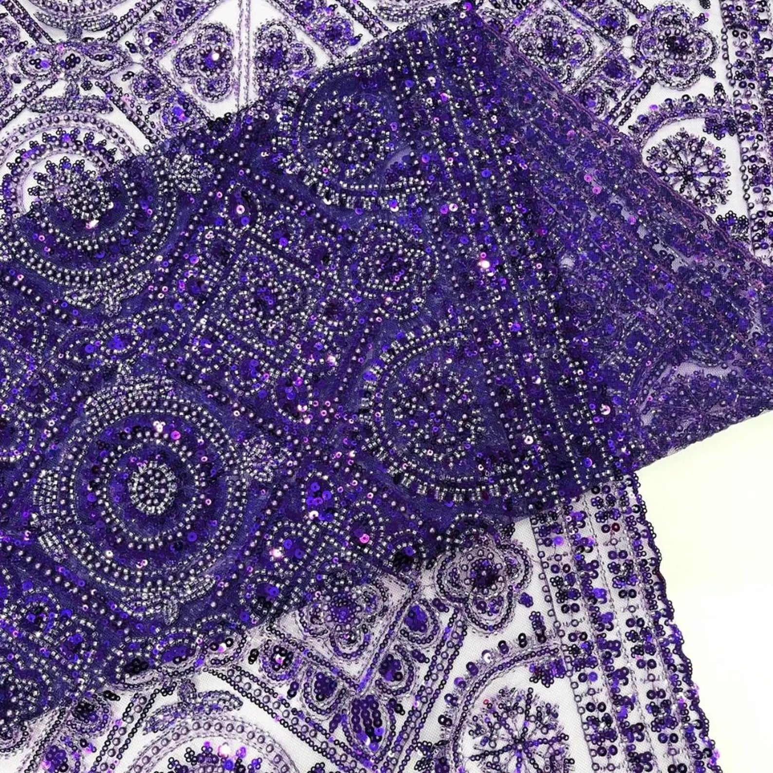Luxurious Design Lace - Purple - Geometric Beaded Design with Embroidered Sequins and Beads On a Mesh Lace Fabric By The Yard