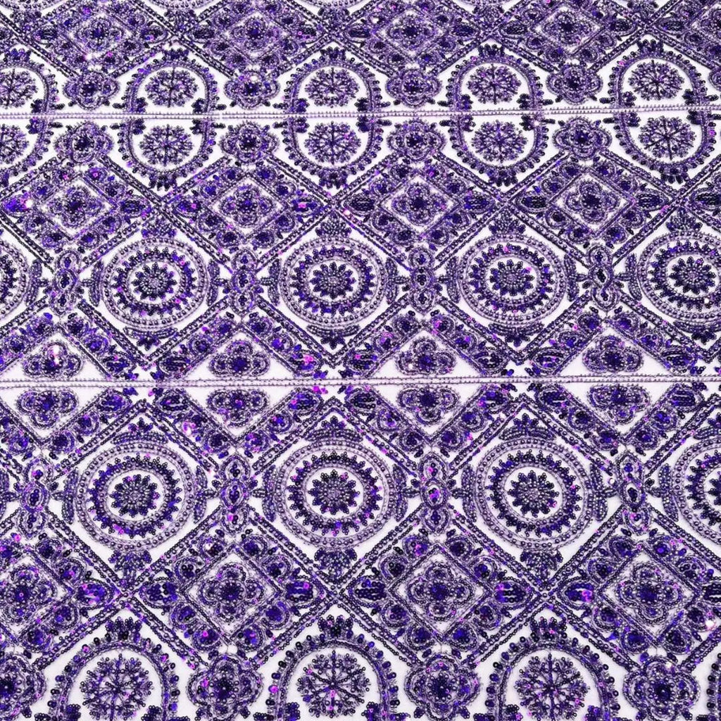 Luxurious Design Lace - Purple - Geometric Beaded Design with Embroidered Sequins and Beads On a Mesh Lace Fabric By The Yard
