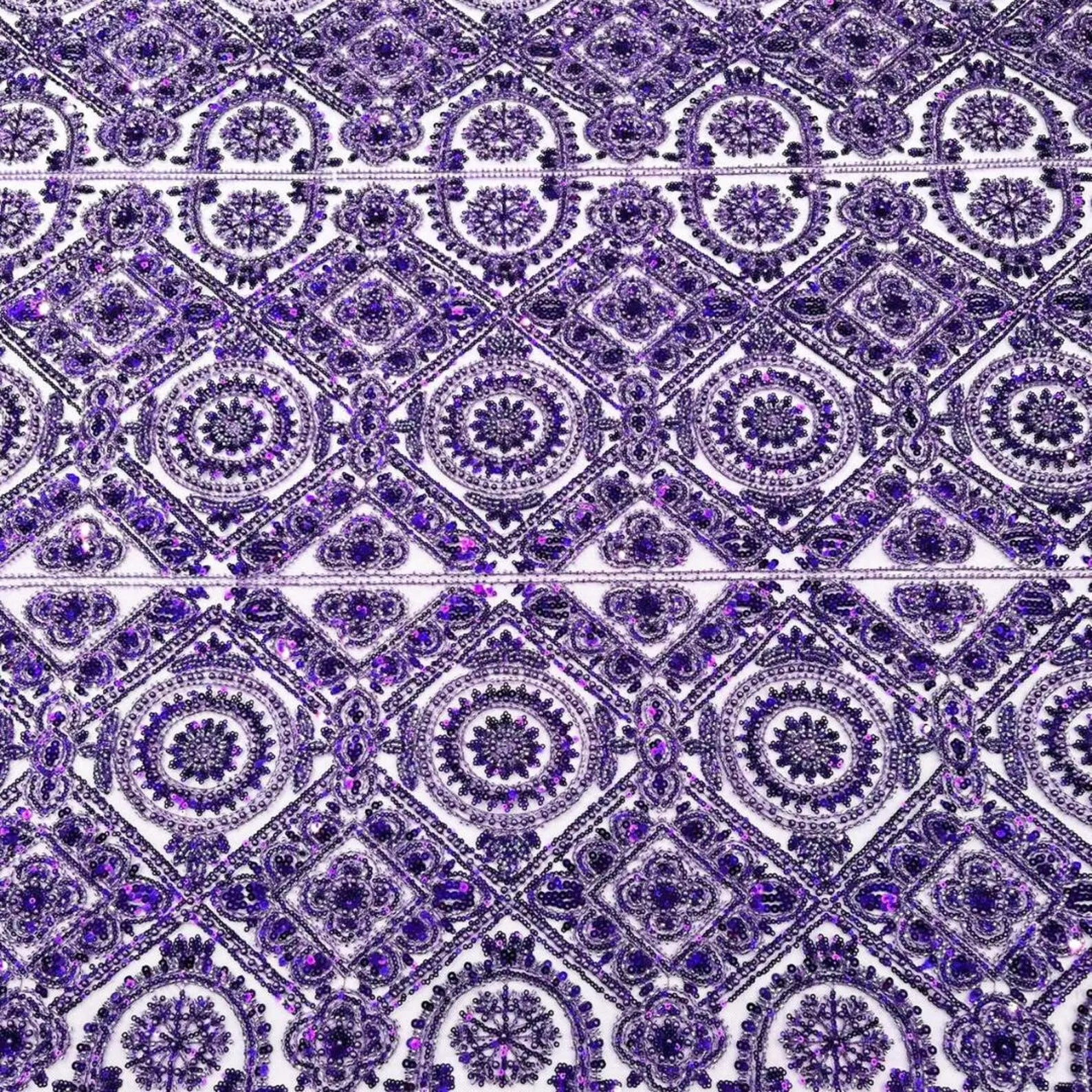 Luxurious Design Lace - Purple - Geometric Beaded Design with Embroidered Sequins and Beads On a Mesh Lace Fabric By The Yard