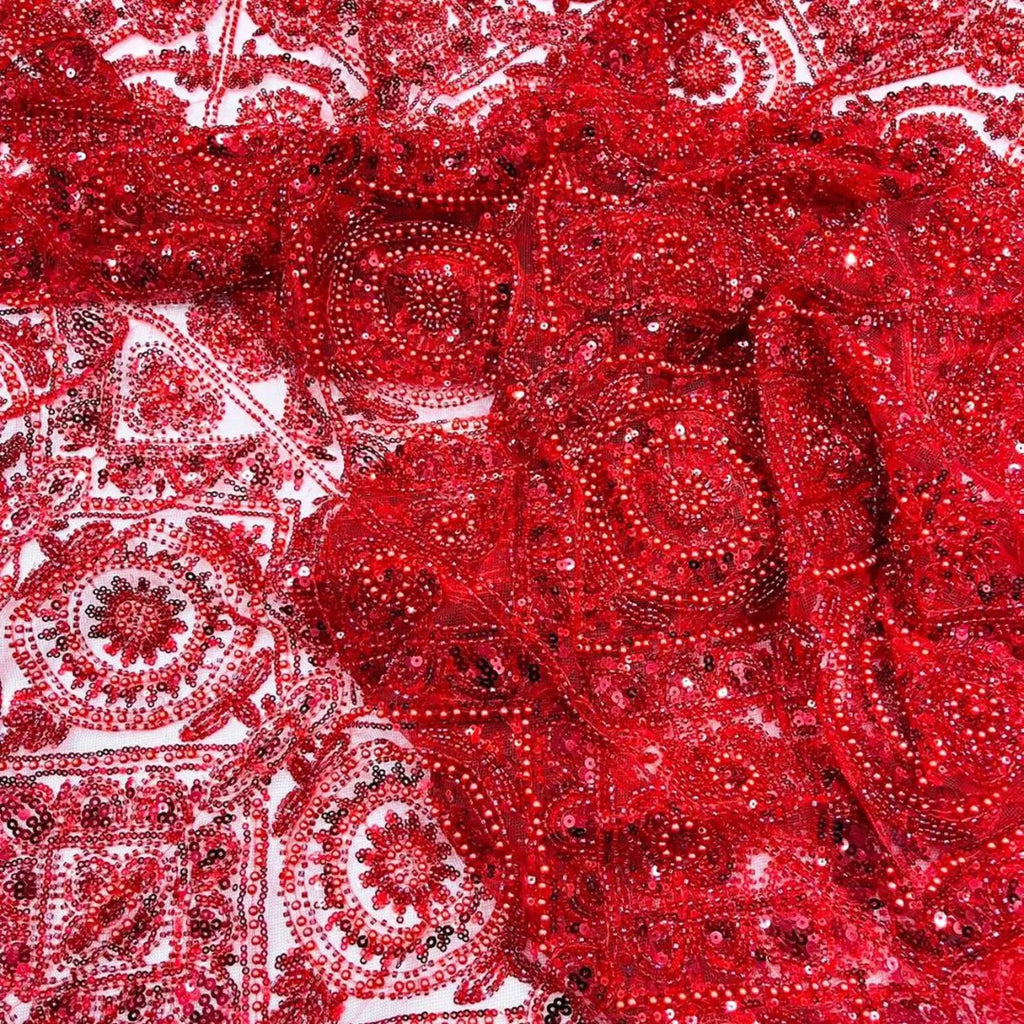 Luxurious Design Lace - Red - Geometric Beaded Design with Embroidered Sequins and Beads On a Mesh Lace Fabric By The Yard