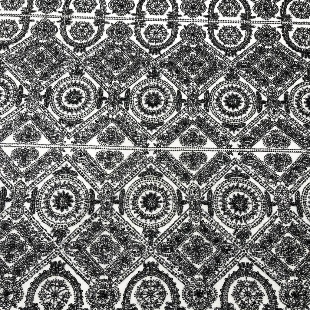 Luxurious Design Lace - Black - Geometric Beaded Design with Embroidered Sequins and Beads On a Mesh Lace Fabric By The Yard