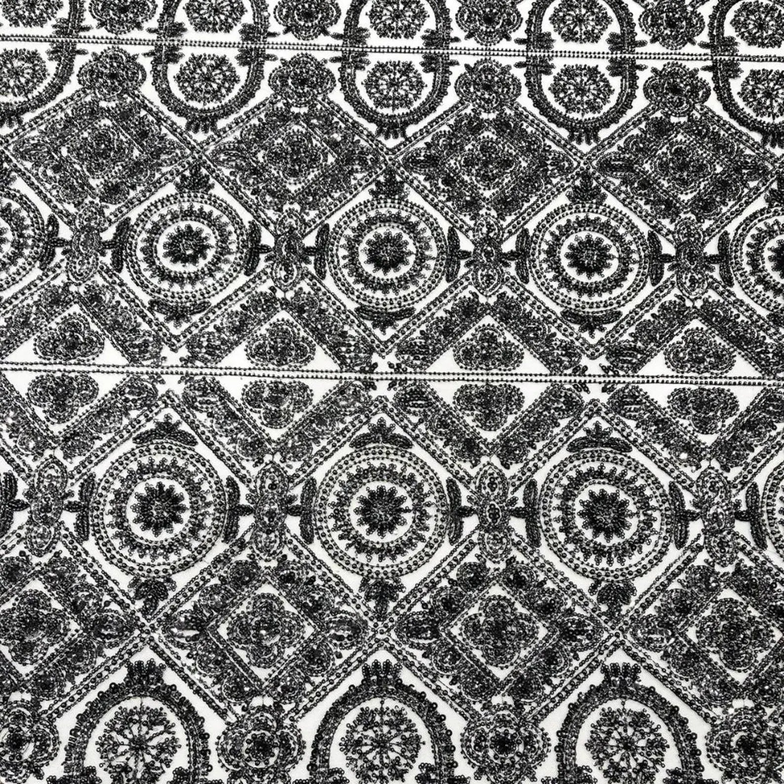Luxurious Design Lace - Black - Geometric Beaded Design with Embroidered Sequins and Beads On a Mesh Lace Fabric By The Yard