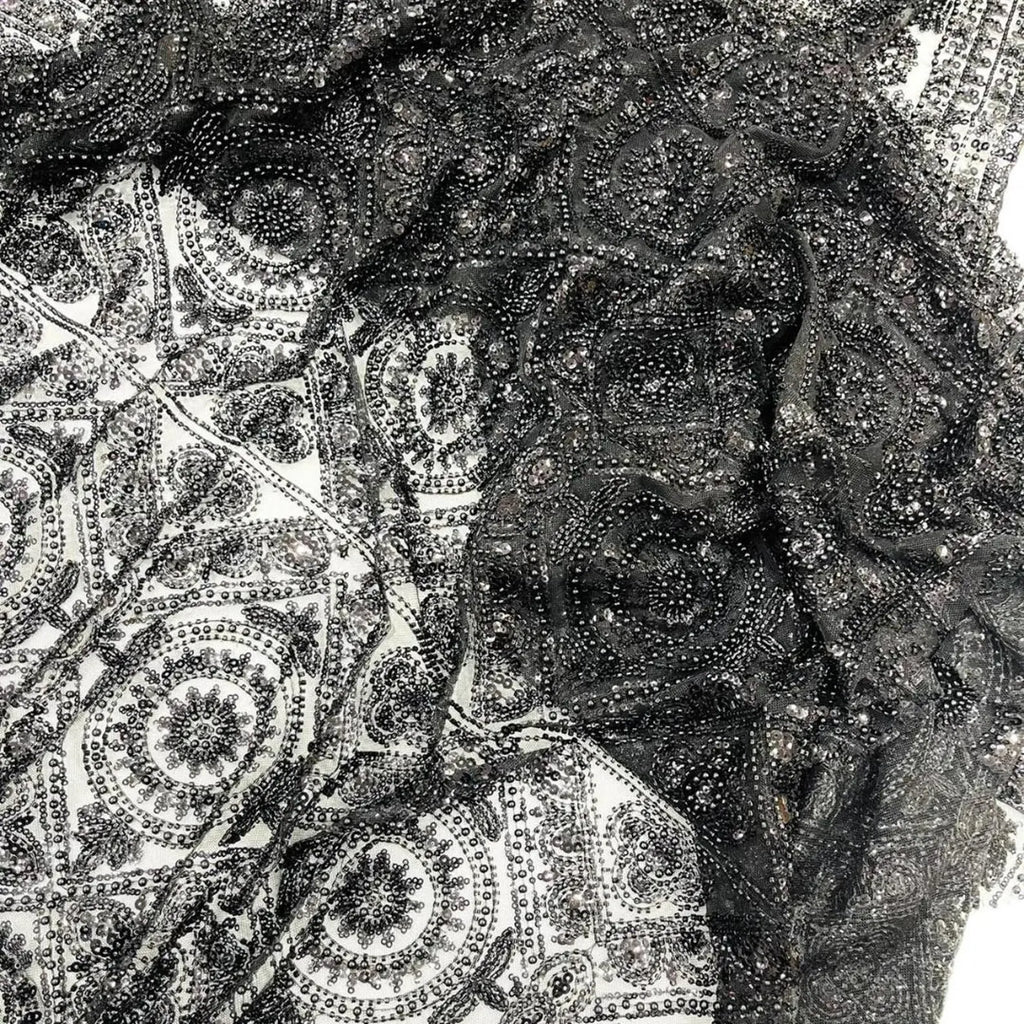 Luxurious Design Lace - Black - Geometric Beaded Design with Embroidered Sequins and Beads On a Mesh Lace Fabric By The Yard