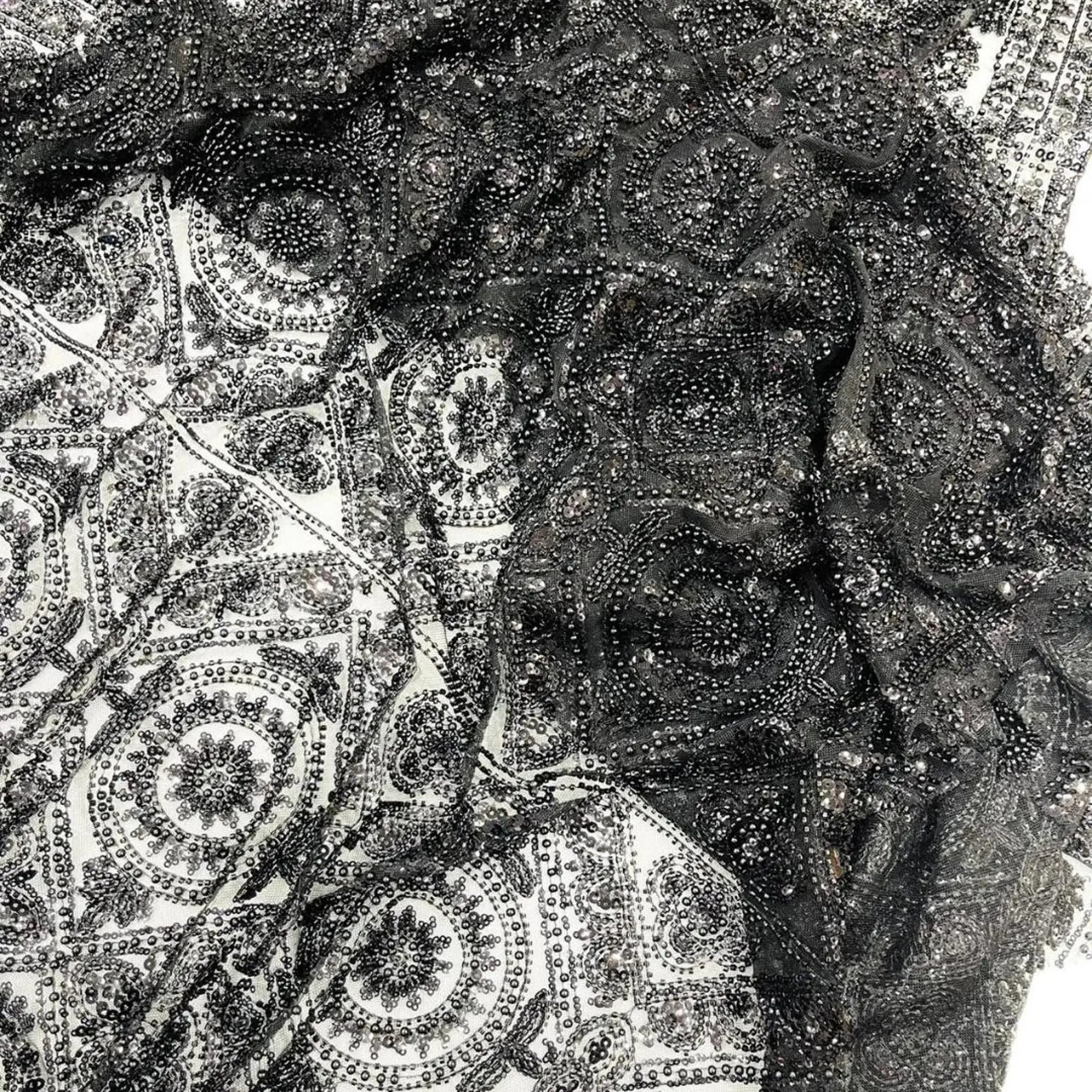 Luxurious Design Lace - Black - Geometric Beaded Design with Embroidered Sequins and Beads On a Mesh Lace Fabric By The Yard