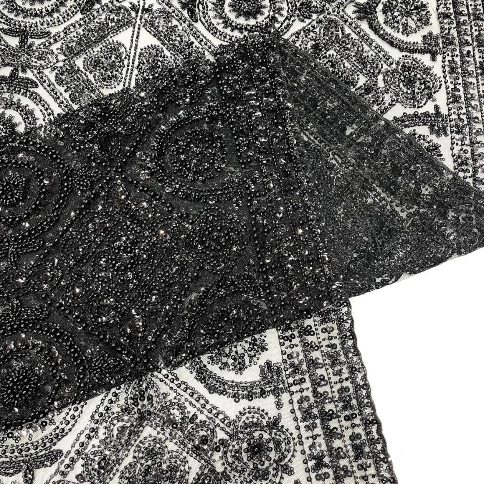 Luxurious Design Lace - Black - Geometric Beaded Design with Embroidered Sequins and Beads On a Mesh Lace Fabric By The Yard