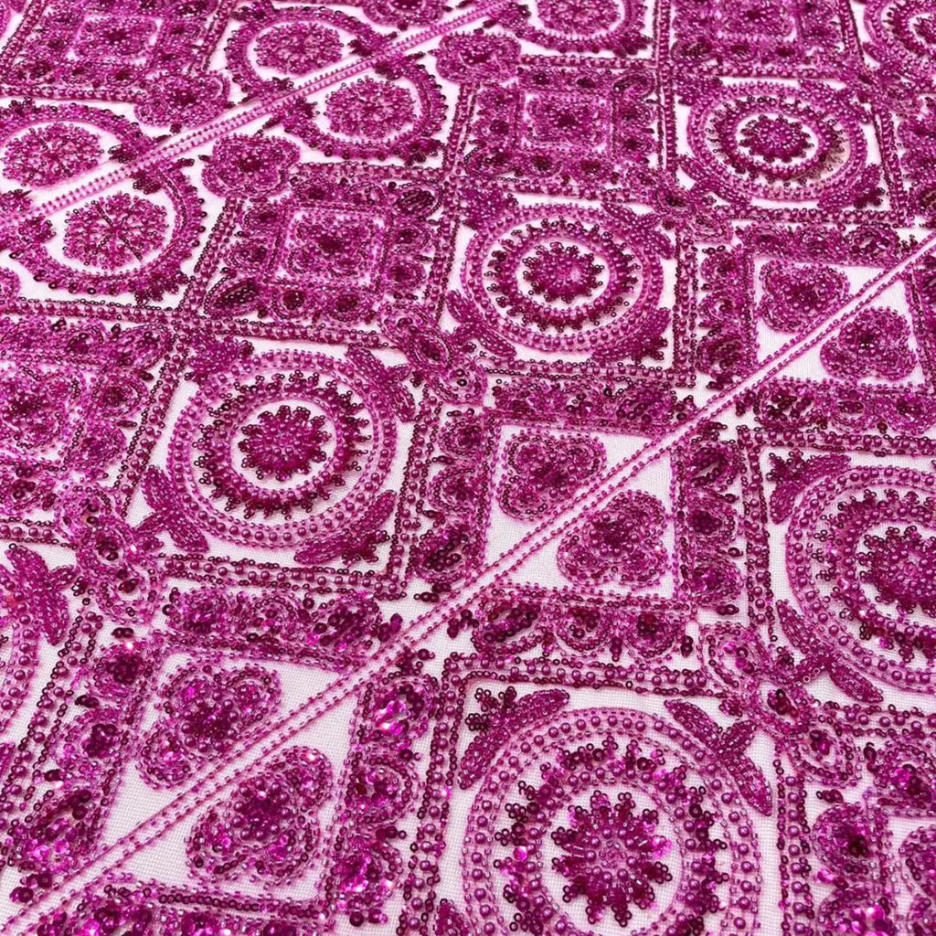 Luxurious Design Lace - Fuchsia - Geometric Beaded Design with Embroidered Sequins and Beads On a Mesh Lace Fabric By The Yard