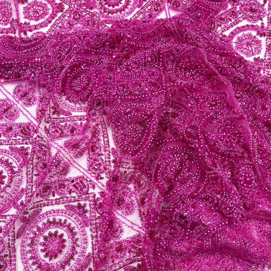 Luxurious Design Lace - Fuchsia - Geometric Beaded Design with Embroidered Sequins and Beads On a Mesh Lace Fabric By The Yard