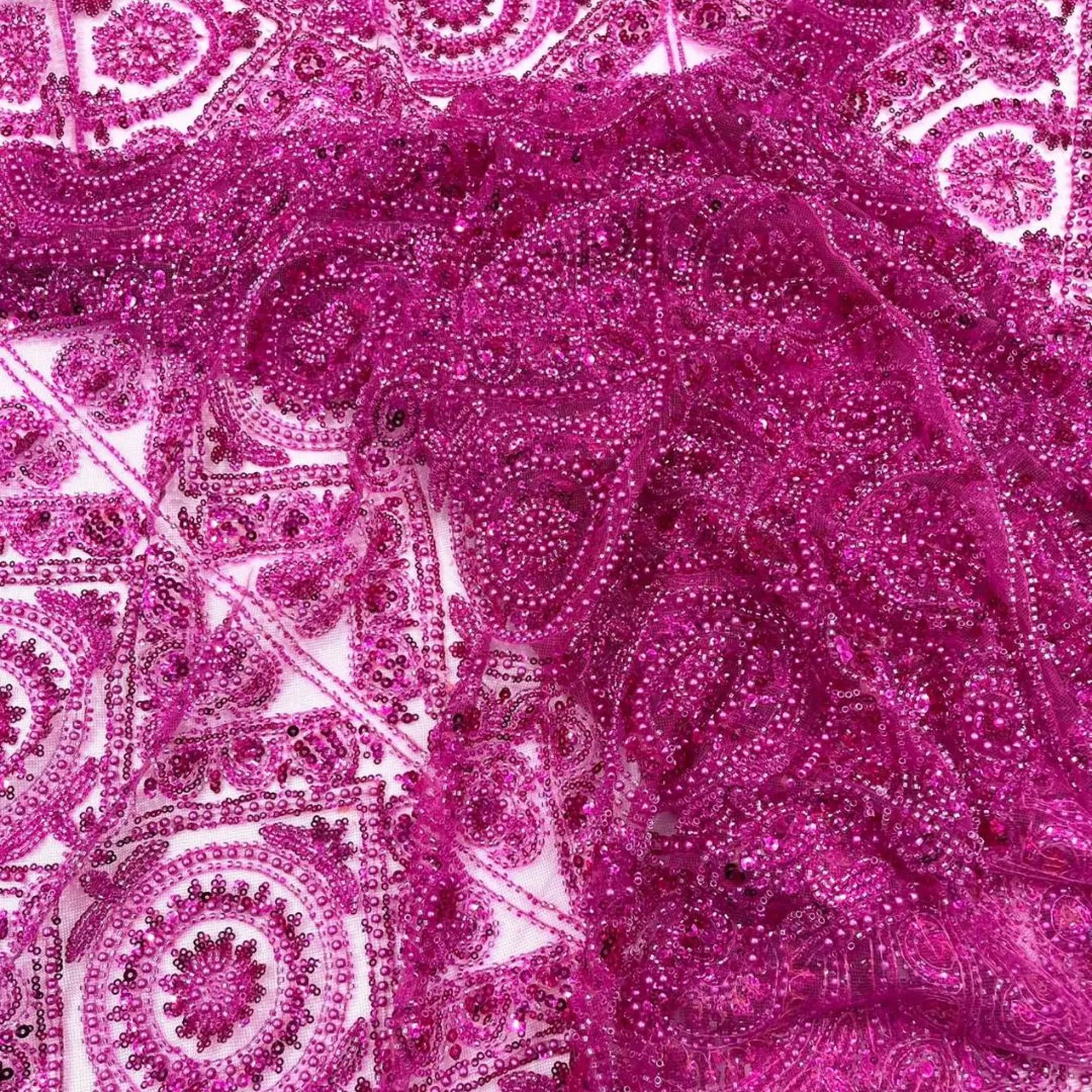 Luxurious Design Lace - Fuchsia - Geometric Beaded Design with Embroidered Sequins and Beads On a Mesh Lace Fabric By The Yard