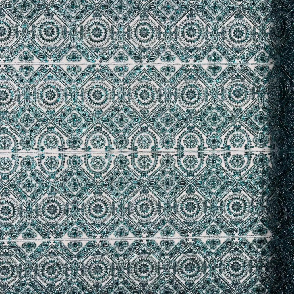 Luxurious Design Lace - Hunter - Geometric Beaded Design with Embroidered Sequins and Beads On a Mesh Lace Fabric By The Yard