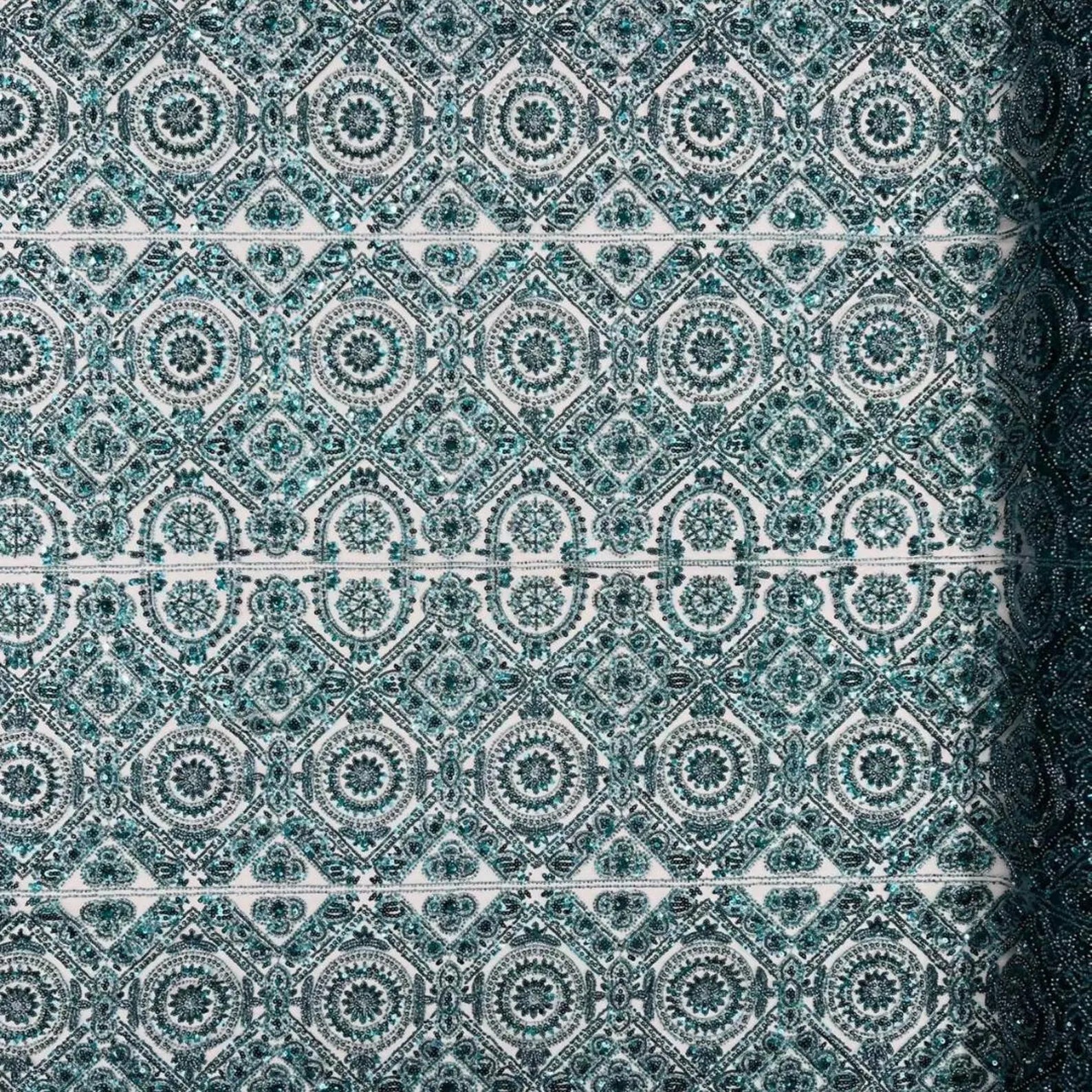 Luxurious Design Lace - Hunter - Geometric Beaded Design with Embroidered Sequins and Beads On a Mesh Lace Fabric By The Yard