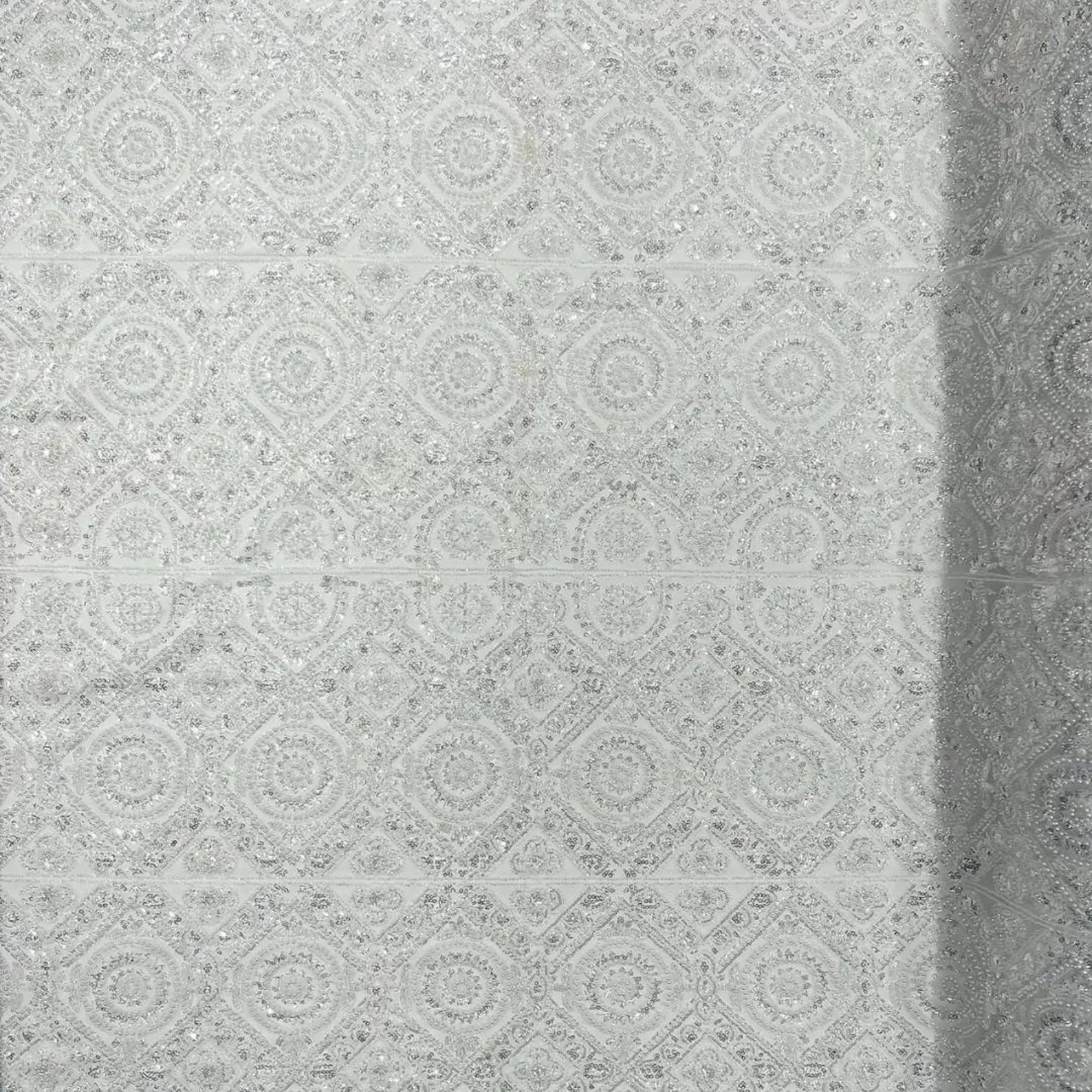 Luxurious Design Lace - White - Geometric Beaded Design with Embroidered Sequins and Beads On a Mesh Lace Fabric By The Yard