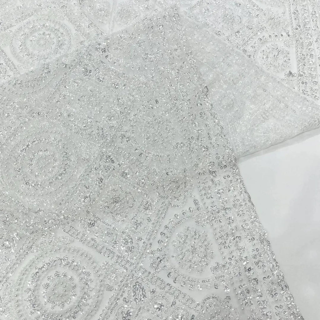 Luxurious Design Lace - White - Geometric Beaded Design with Embroidered Sequins and Beads On a Mesh Lace Fabric By The Yard