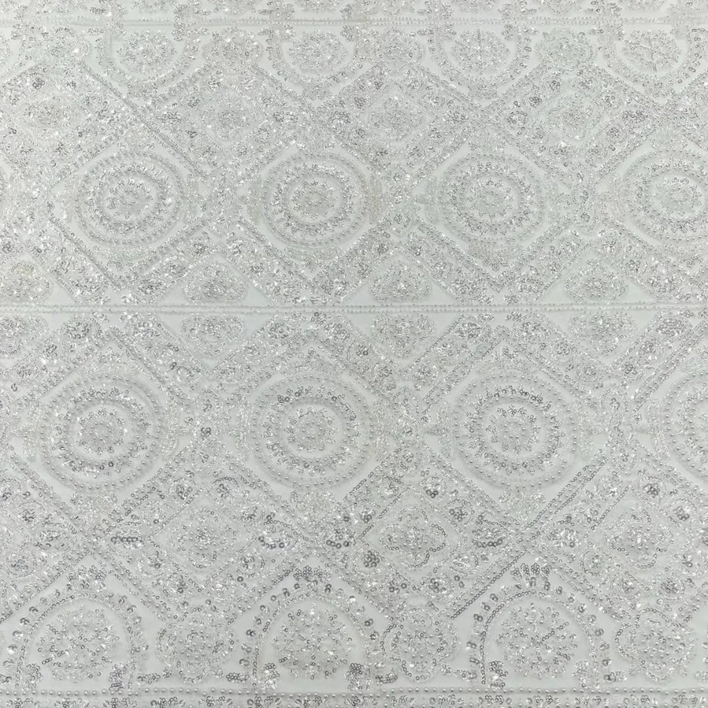 Luxurious Design Lace - White - Geometric Beaded Design with Embroidered Sequins and Beads On a Mesh Lace Fabric By The Yard