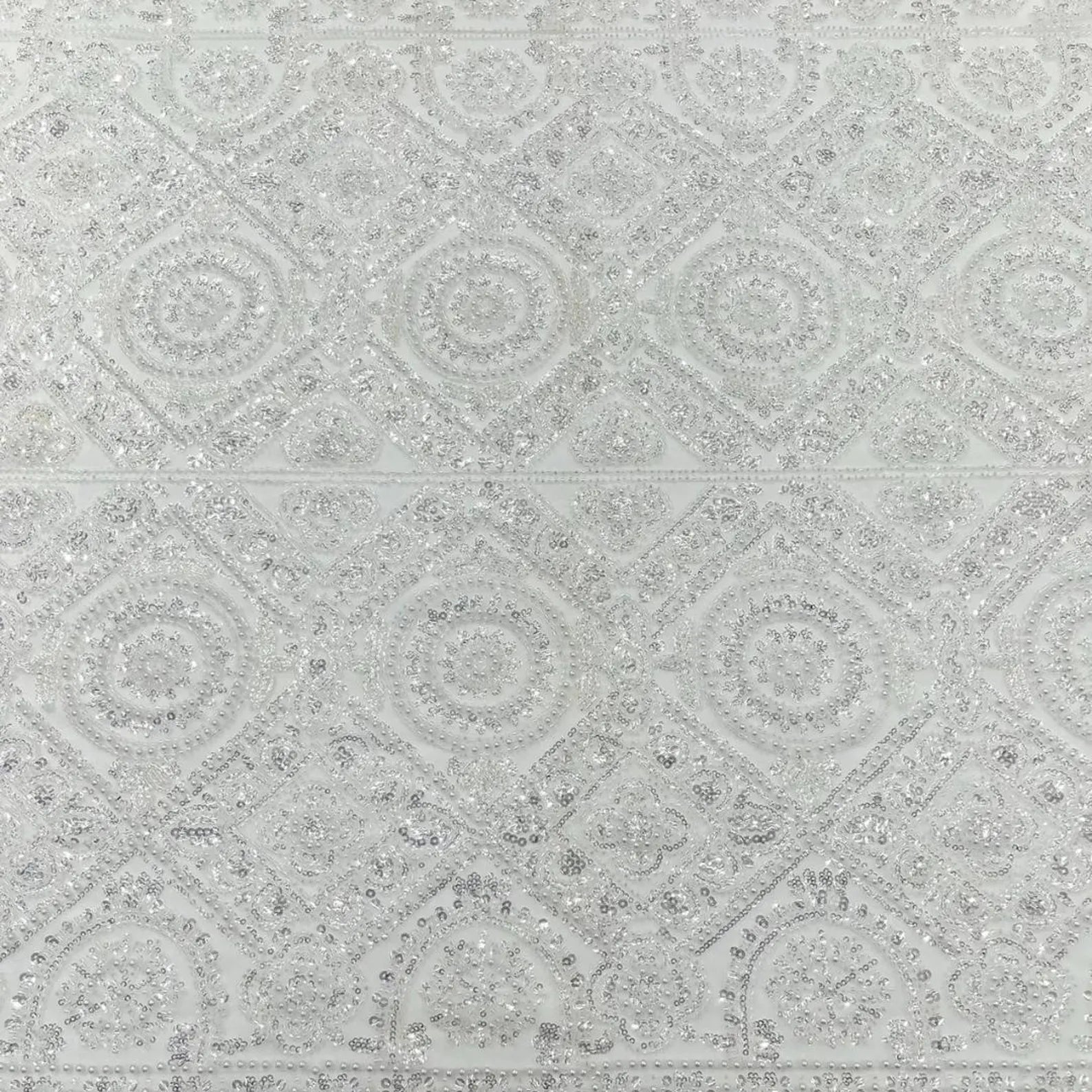 Luxurious Design Lace - White - Geometric Beaded Design with Embroidered Sequins and Beads On a Mesh Lace Fabric By The Yard