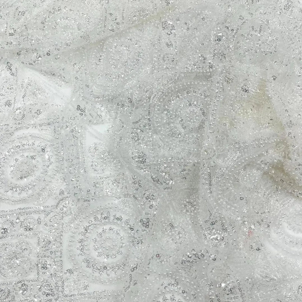 Luxurious Design Lace - White - Geometric Beaded Design with Embroidered Sequins and Beads On a Mesh Lace Fabric By The Yard