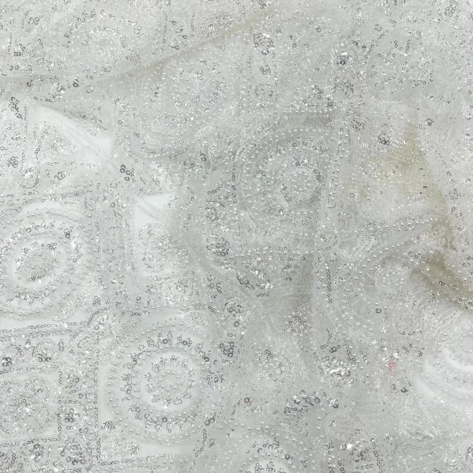 Luxurious Design Lace - White - Geometric Beaded Design with Embroidered Sequins and Beads On a Mesh Lace Fabric By The Yard