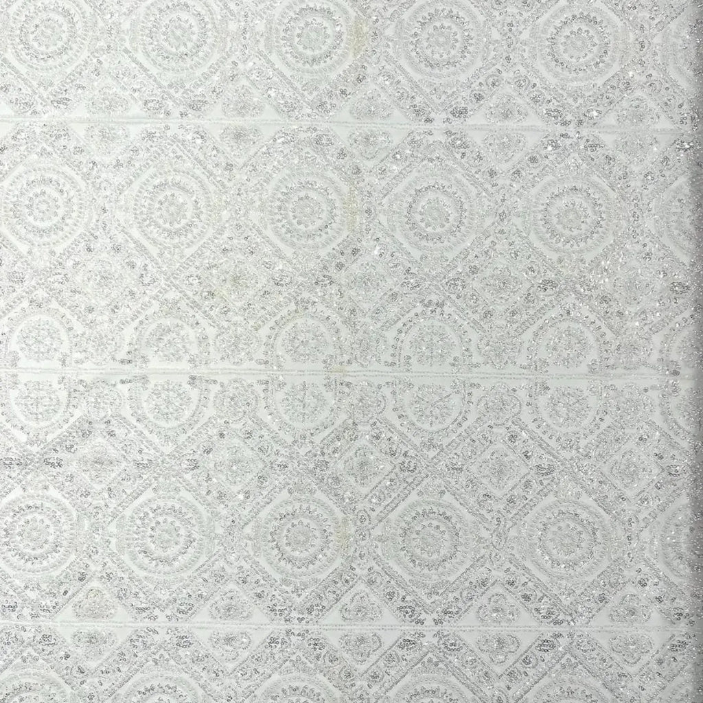 Luxurious Design Lace - White - Geometric Beaded Design with Embroidered Sequins and Beads On a Mesh Lace Fabric By The Yard