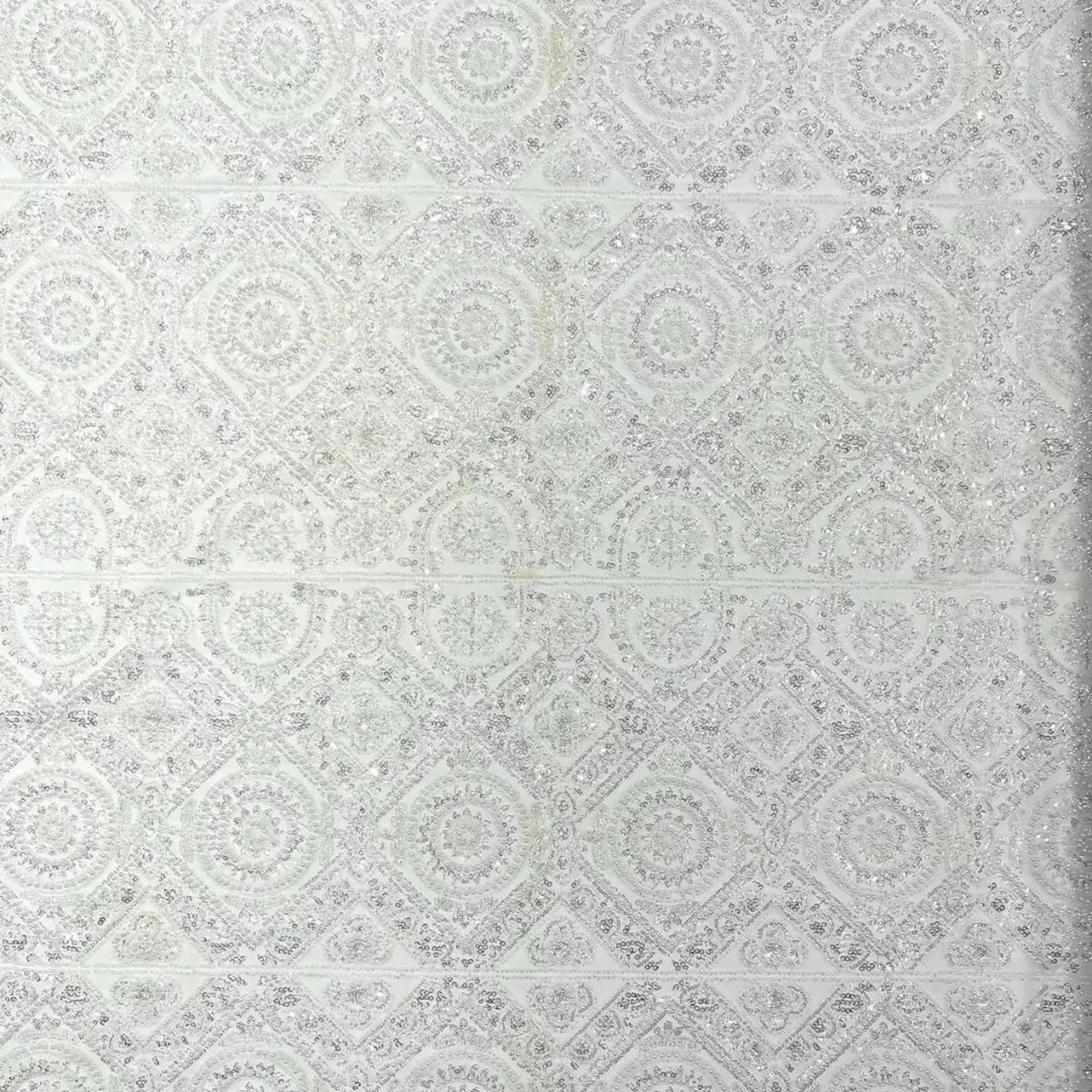 Luxurious Design Lace - White - Geometric Beaded Design with Embroidered Sequins and Beads On a Mesh Lace Fabric By The Yard