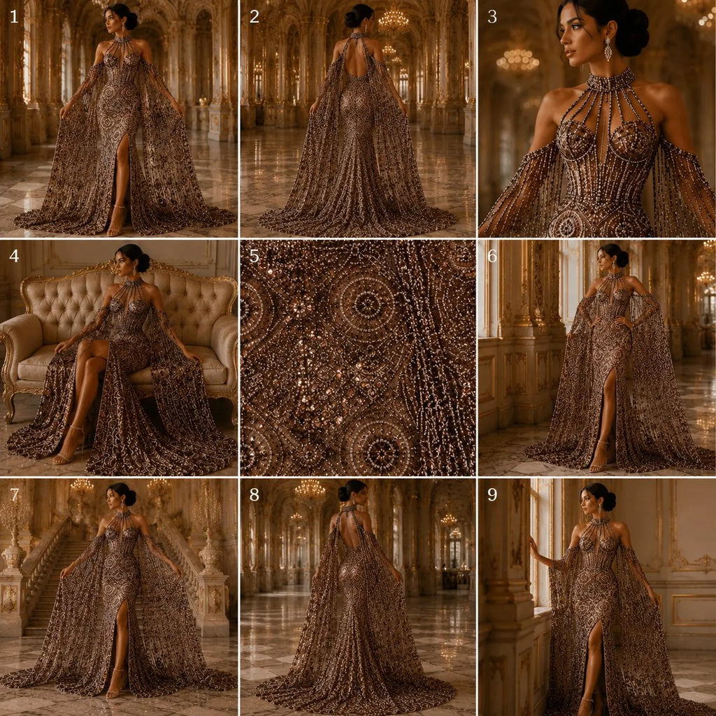 Luxurious Design Lace - Brown - Geometric Beaded Design with Embroidered Sequins and Beads On a Mesh Lace Fabric By The Yard
